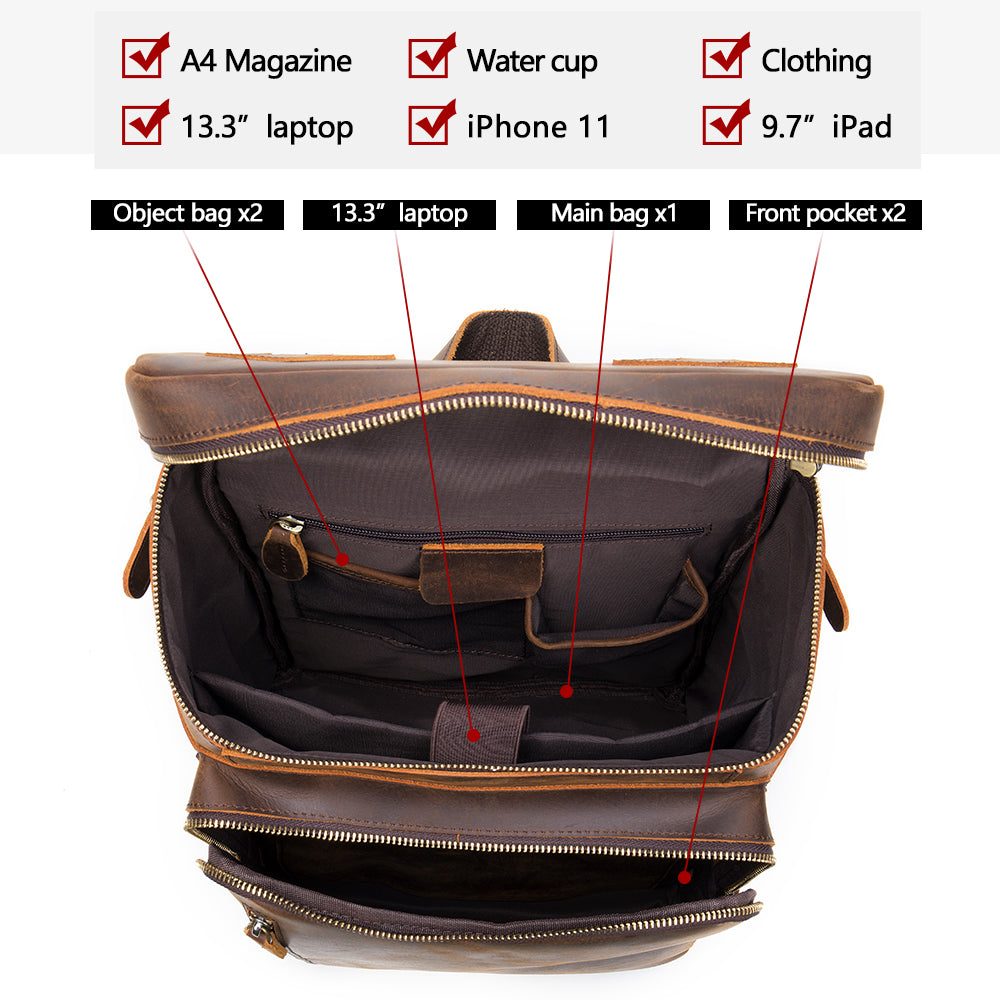 Vintage Crazy Horse Leather Backpack Large Capacity Laptop Travel Daypack Retro Style