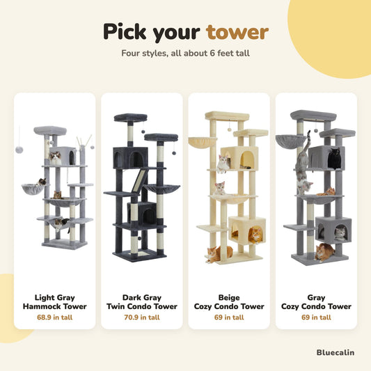 Four cat tree styles: Light Gray Hammock Tower, Dark Gray Twin Condo Tower, Beige and Gray Cozy Condo Tower