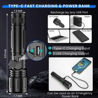 Tactical Flashlight – Rechargeable Super Bright LED with Zoom & Power Bank