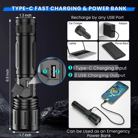 Tactical Flashlight – Rechargeable Super Bright LED with Zoom & Power Bank