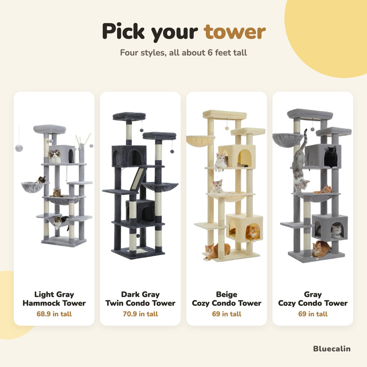 Four cat tree styles: Light Gray Hammock Tower, Dark Gray Twin Condo Tower, Beige and Gray Cozy Condo Tower