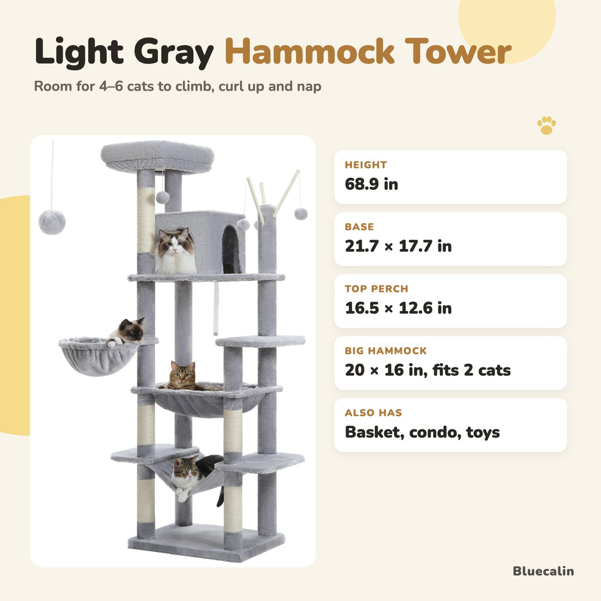 Light Gray Hammock Tower dimensions: 68.9 in tall, base 21.7 x 17.7 in