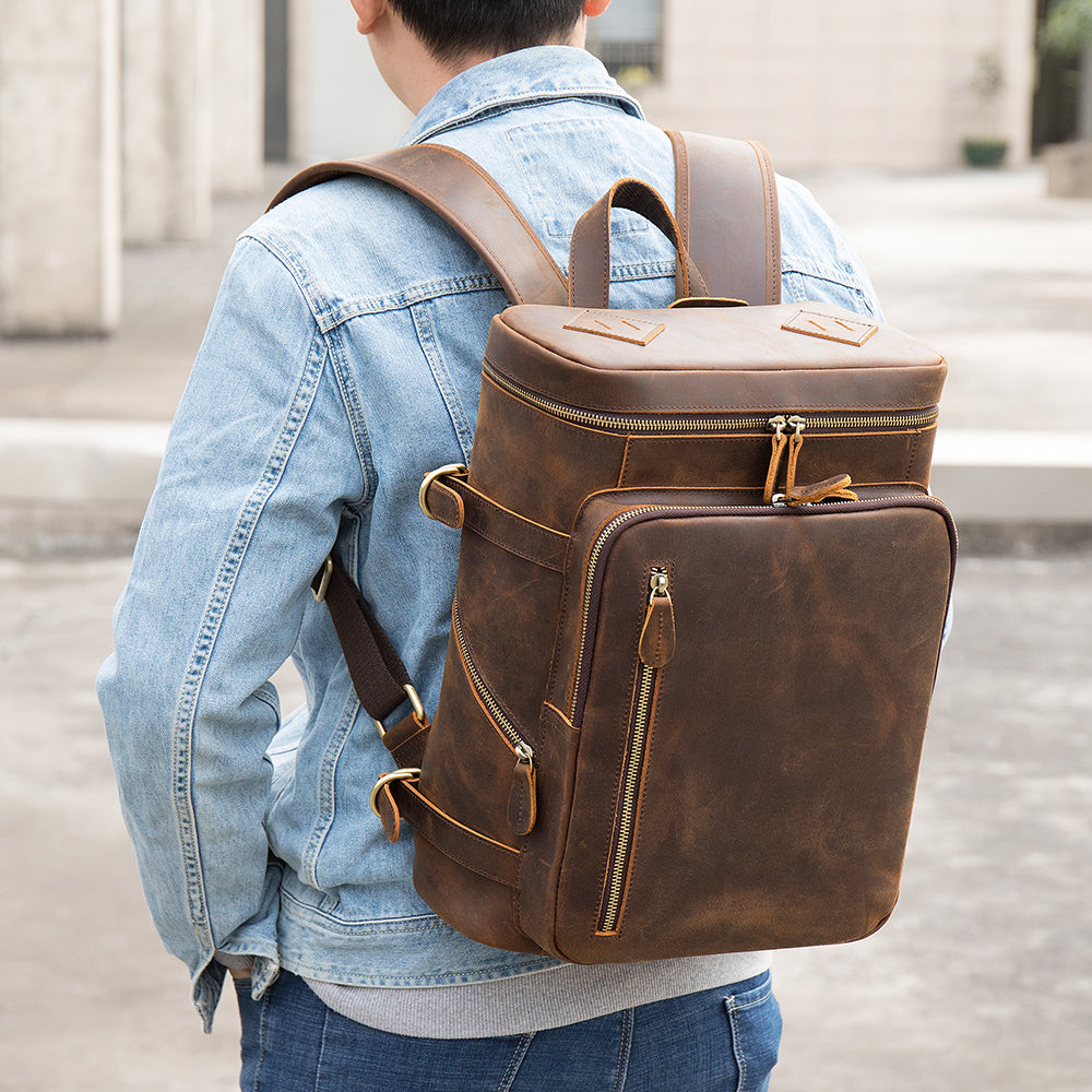 Vintage Crazy Horse Leather Backpack Large Capacity Laptop Travel Daypack Retro Style