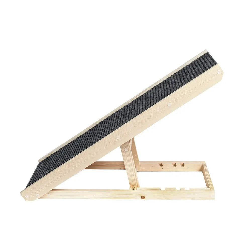 Side view of the natural wood folding dog ramp