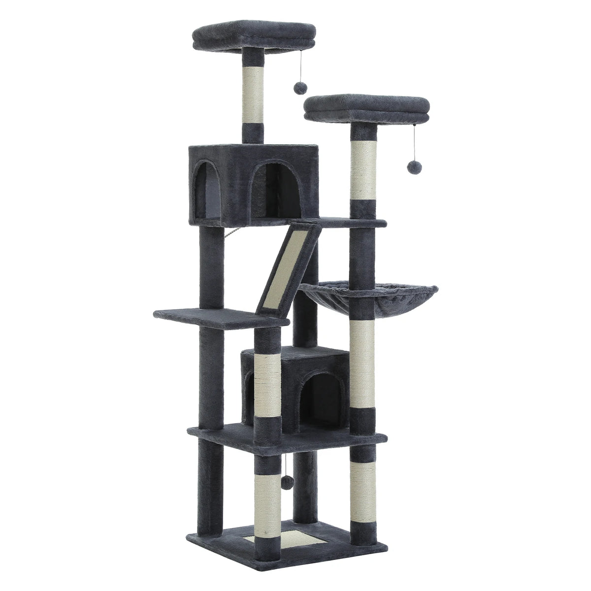 Dark gray tall cat tree with two condos and scratching ramp