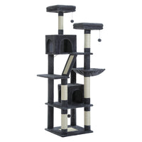 Dark gray tall cat tree with two condos and scratching ramp