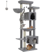 Gray tall cat tree with two condos, basket and hammock