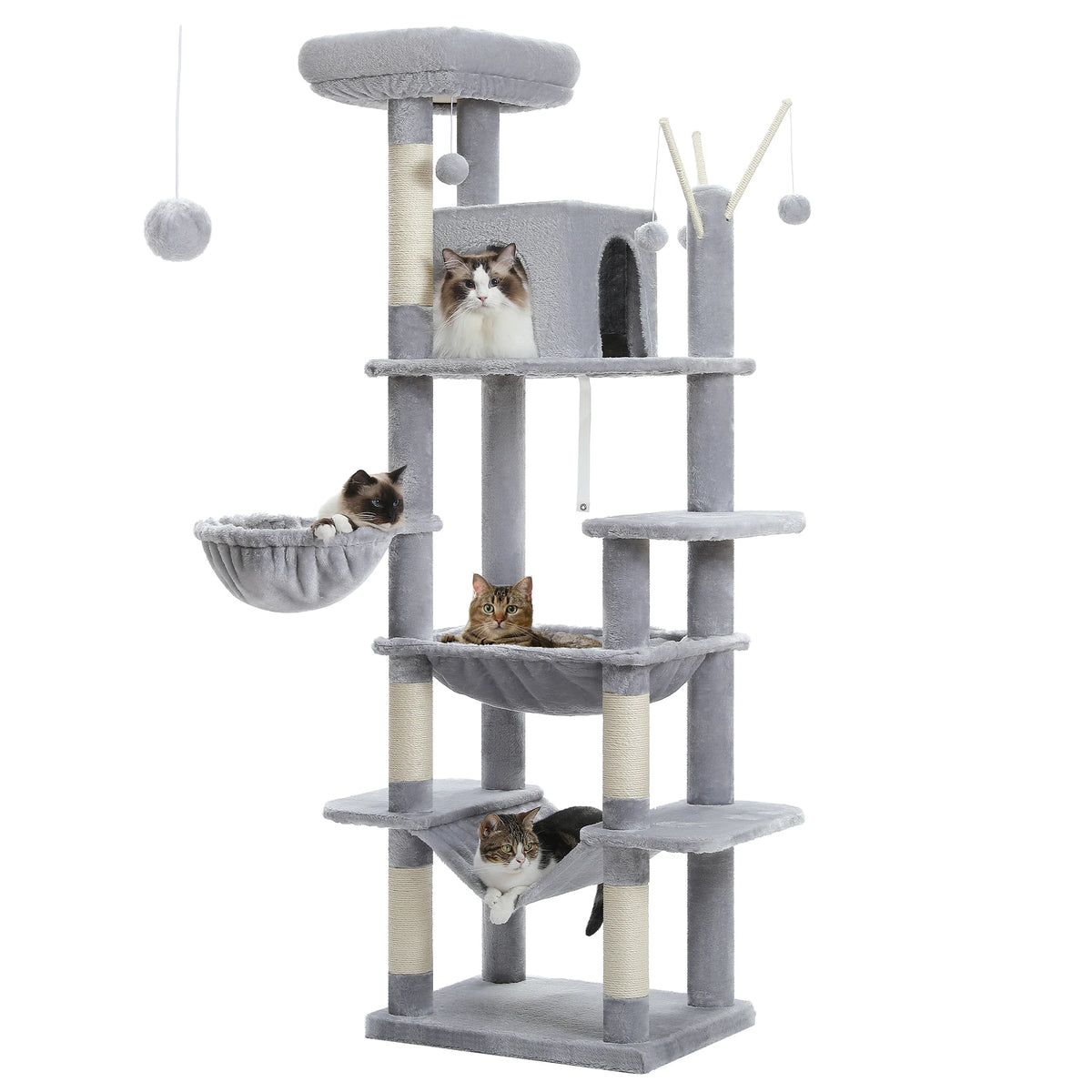 Light gray tall cat tree with hammocks, condo and top perch