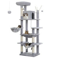 Light gray tall cat tree with hammocks, condo and top perch