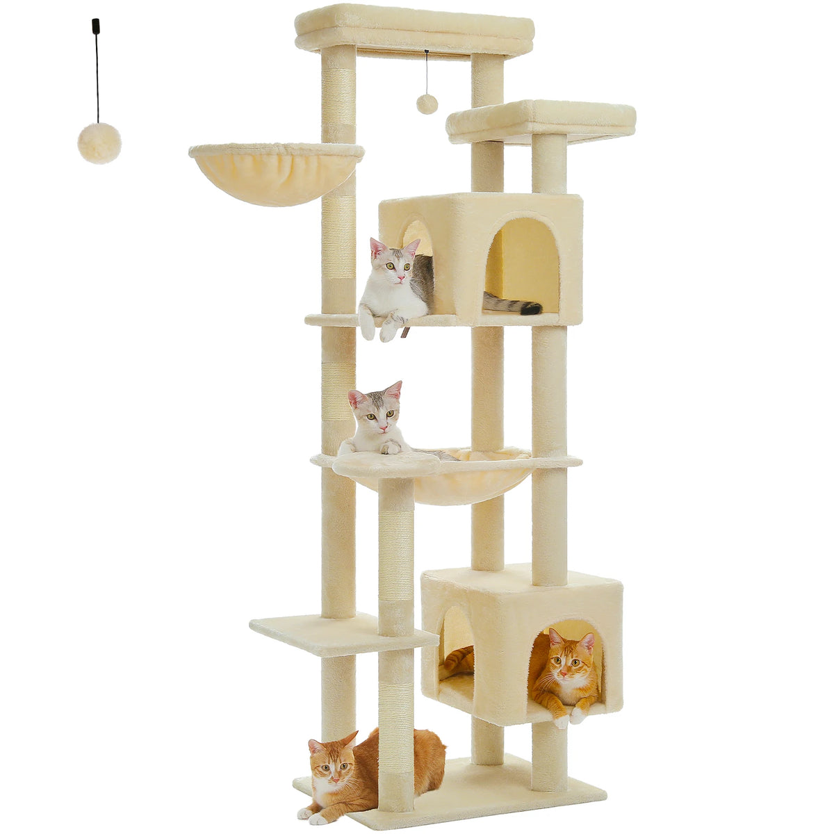 Beige tall cat tree with two condos, basket and hammock
