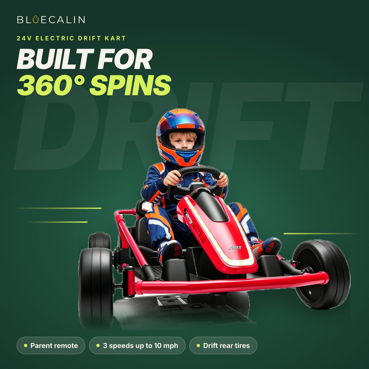 Apex 24V drift kart in red with a young driver, parent remote and 3 speeds