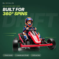 Apex 24V drift kart in red with a young driver, parent remote and 3 speeds