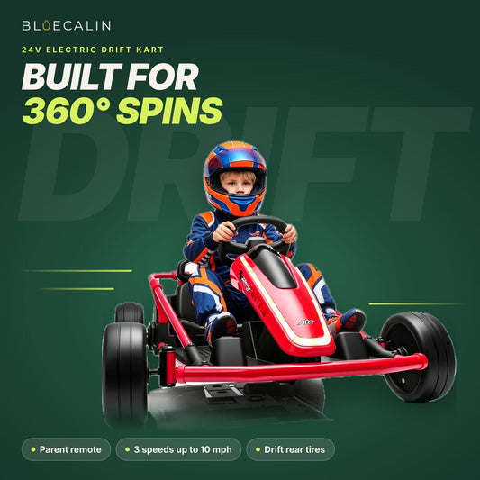 Apex 24V drift kart in red with a young driver, parent remote and 3 speeds