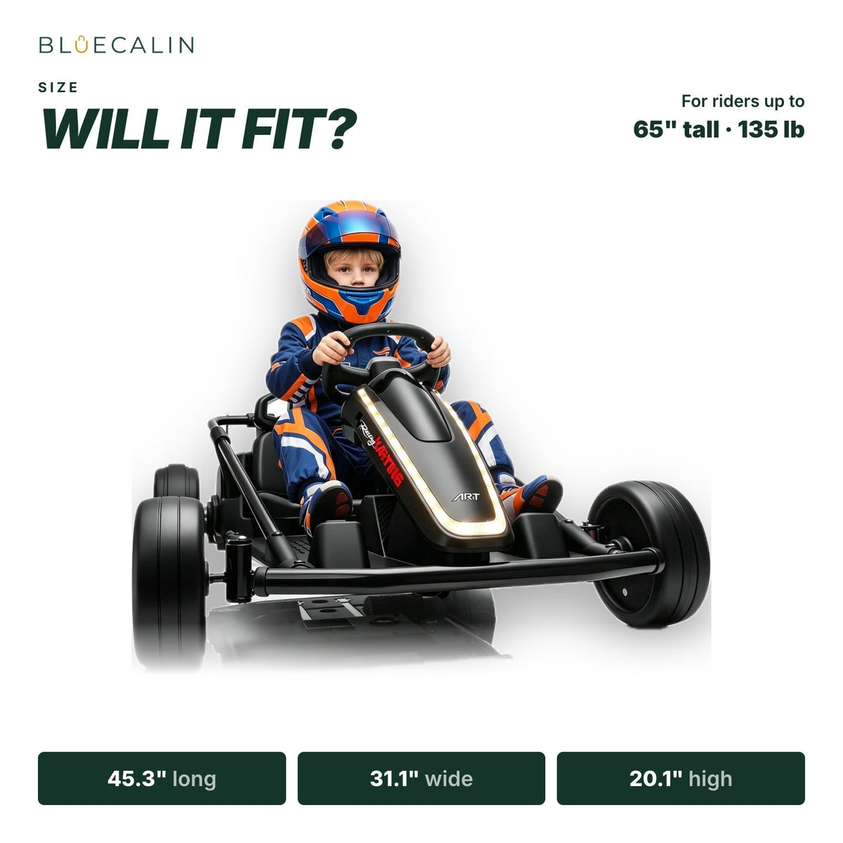 Apex kart size: 45.3 in long, 31.1 in wide, 20.1 in high