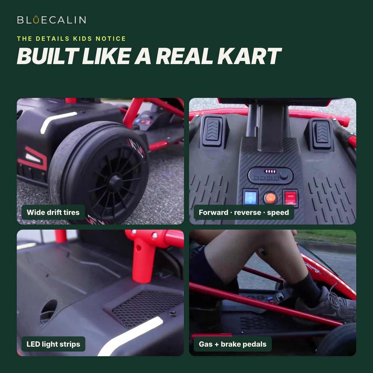 Drift tires, control panel, LED lights and pedals