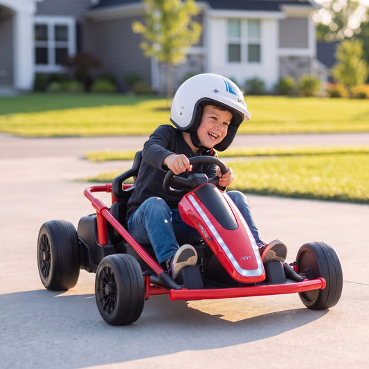 Smiling child in a helmet driving the red Apex electric go kart on a driveway