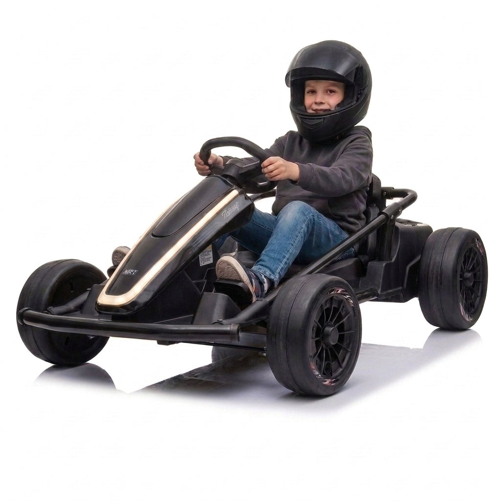 Kid in a helmet driving the black 24V electric drift go kart