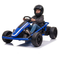 Kid in a helmet driving the blue 24V electric drift go kart