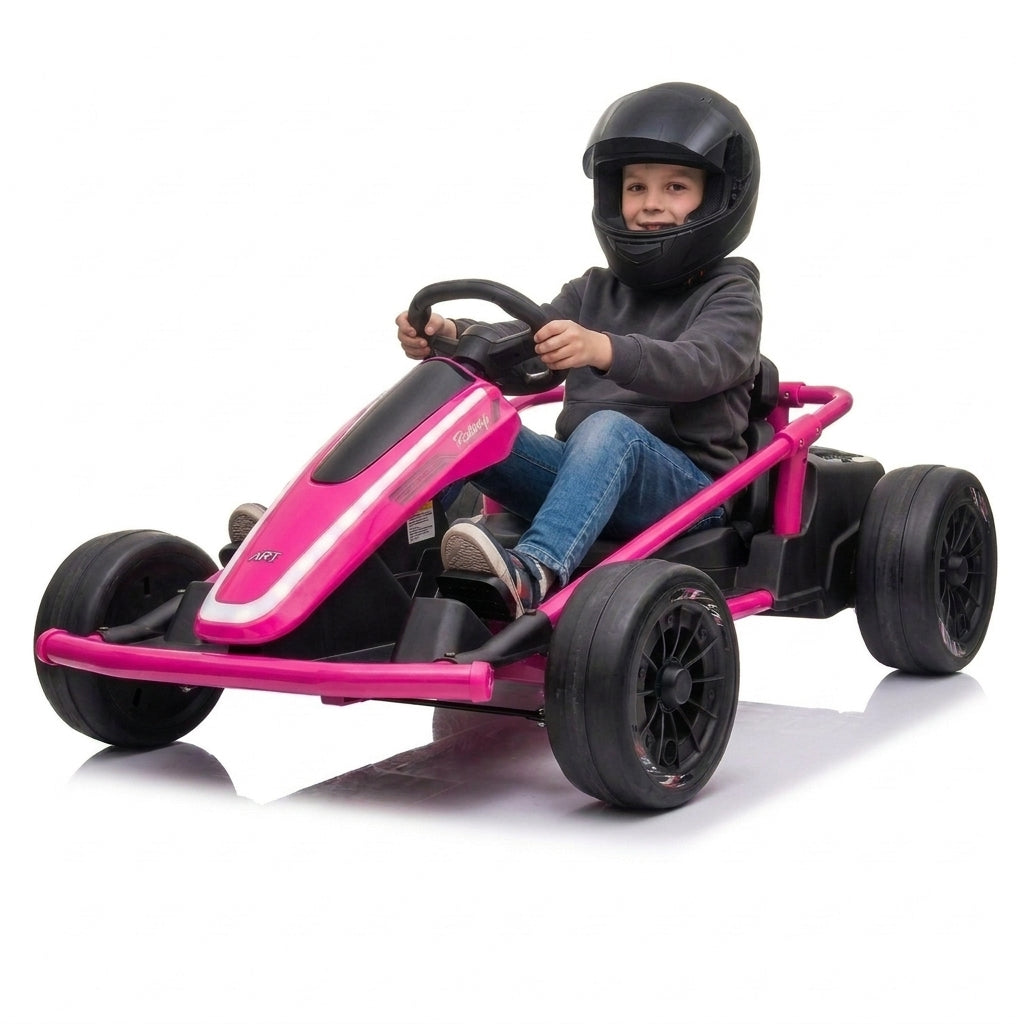 Kid in a helmet driving the pink 24V electric drift go kart