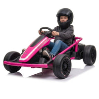 Kid in a helmet driving the pink 24V electric drift go kart