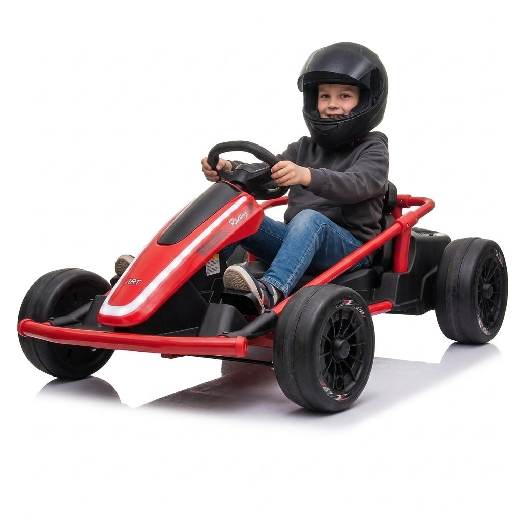 Kid in a helmet driving the red 24V electric drift go kart