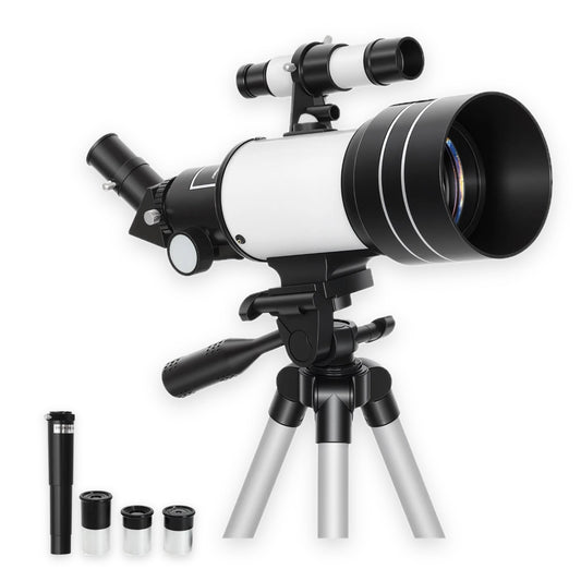 70mm refractor telescope on aluminum tripod with 3x Barlow lens and 20mm, 12mm and 6mm eyepieces