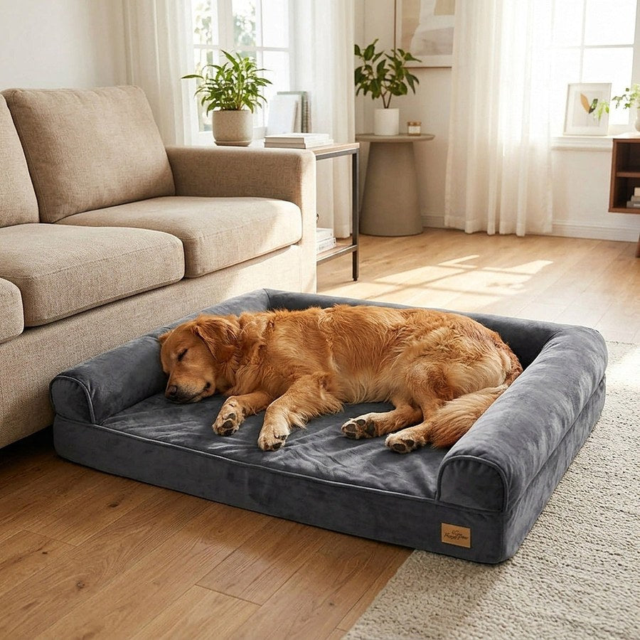 Golden retriever asleep on a gray dog couch bed