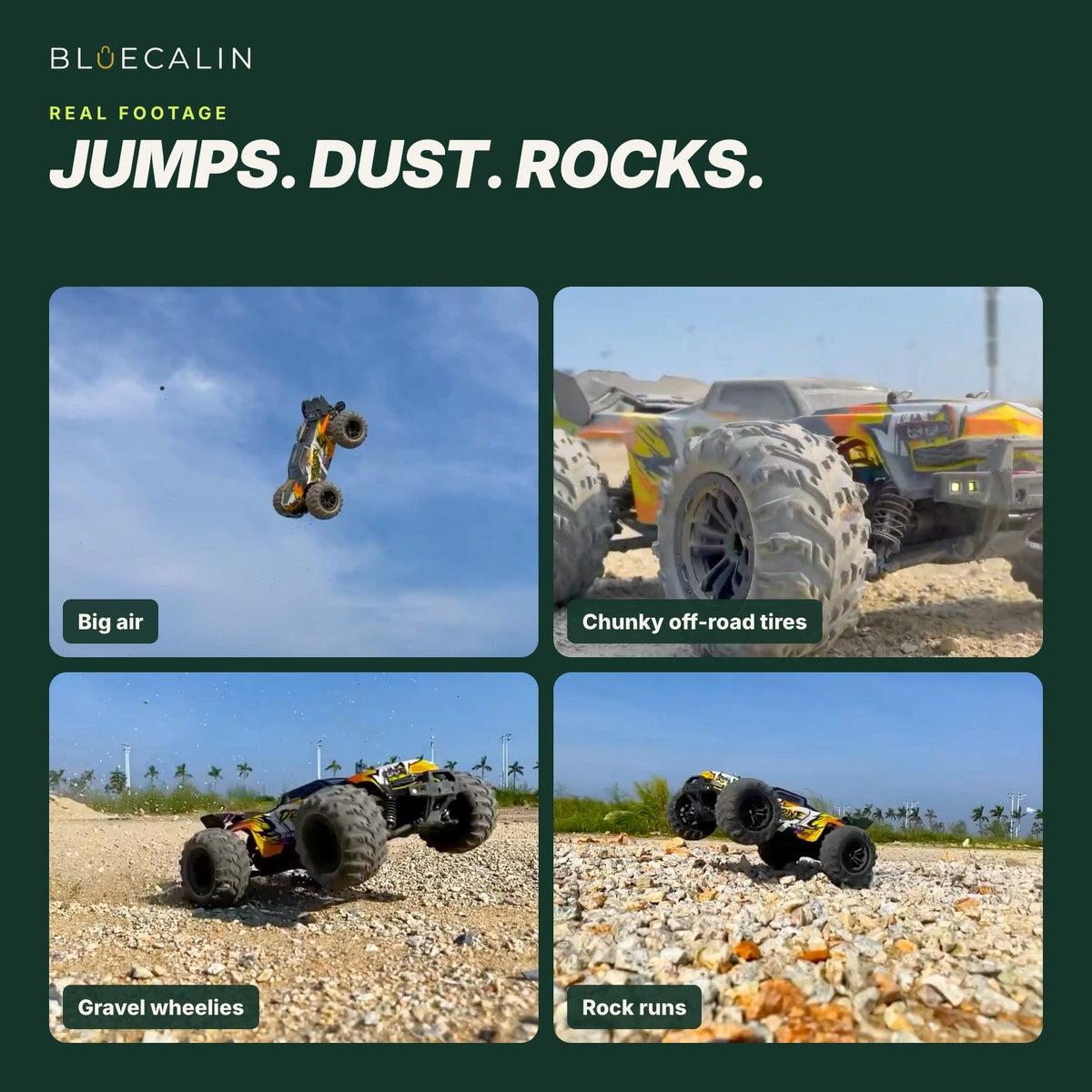Real footage: jumps, off-road tires, gravel and rocks