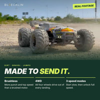 Fast RC truck driving off-road through dust