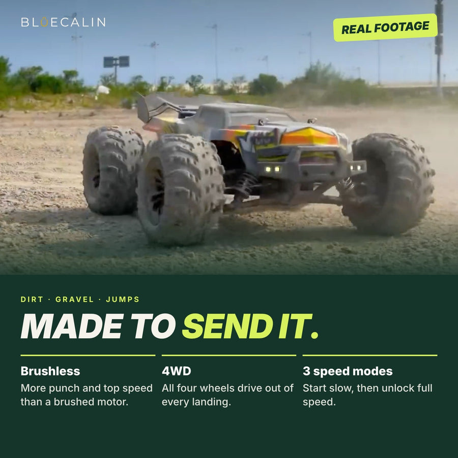 Fast RC truck driving off-road through dust