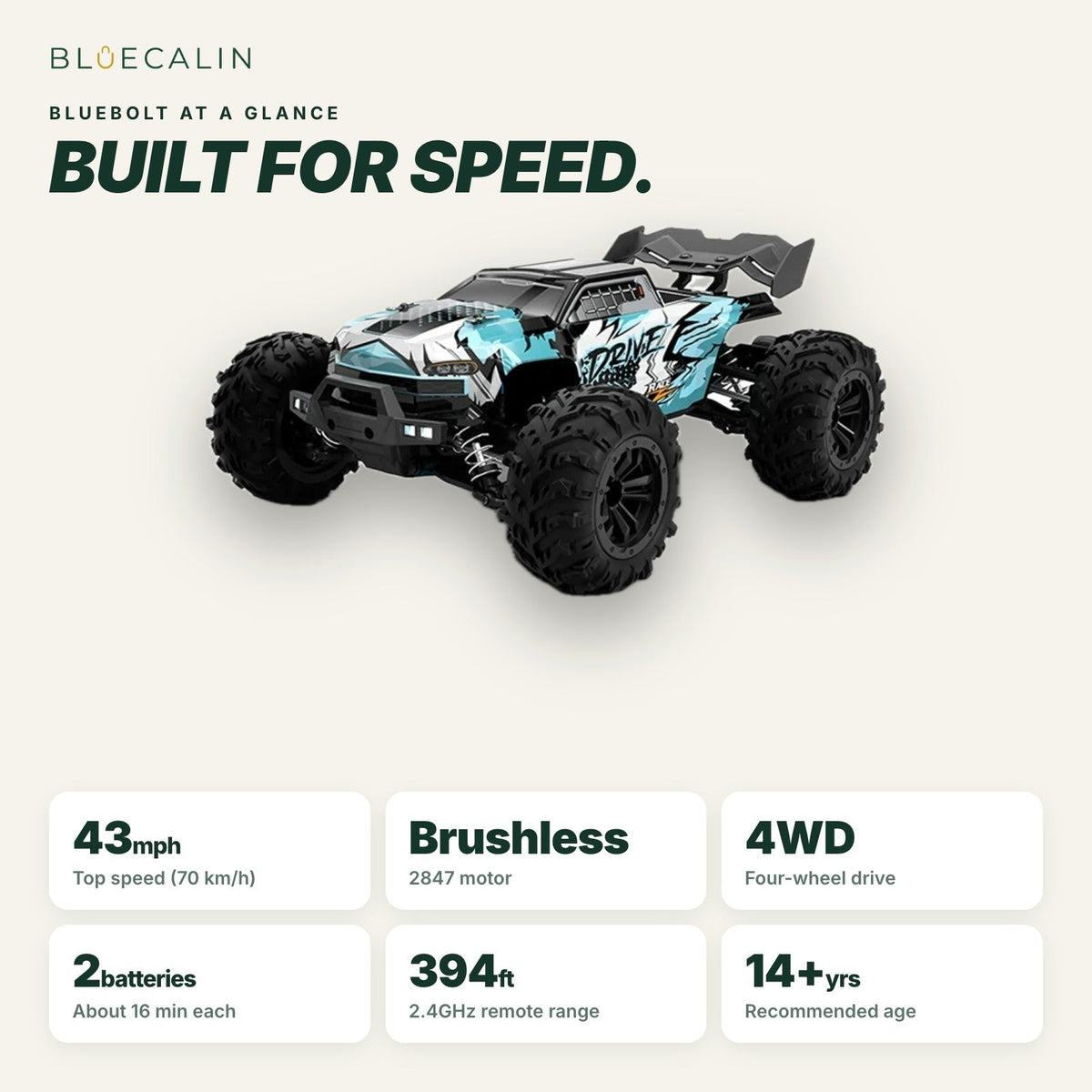 BlueBolt specs: 43 mph, brushless, 4WD, 2 batteries, 394 ft range, ages 14+