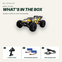What is in the box: RC car, remote, 2 batteries, USB charging cable