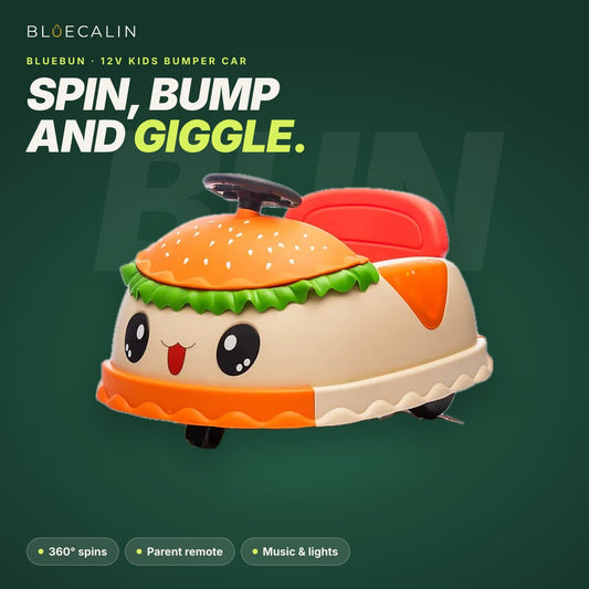 Kids bumper car with 360 degree spins, parent remote, music and lights
