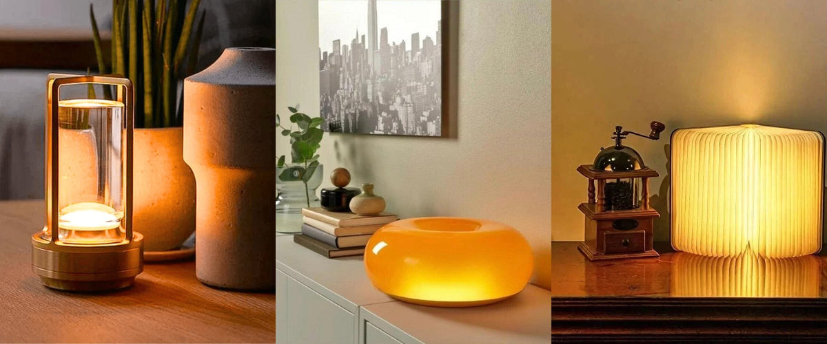 Bluecalin lamps glowing in warm home settings: Kristal glass lamp, Ring donut lamp and folding Book lamp