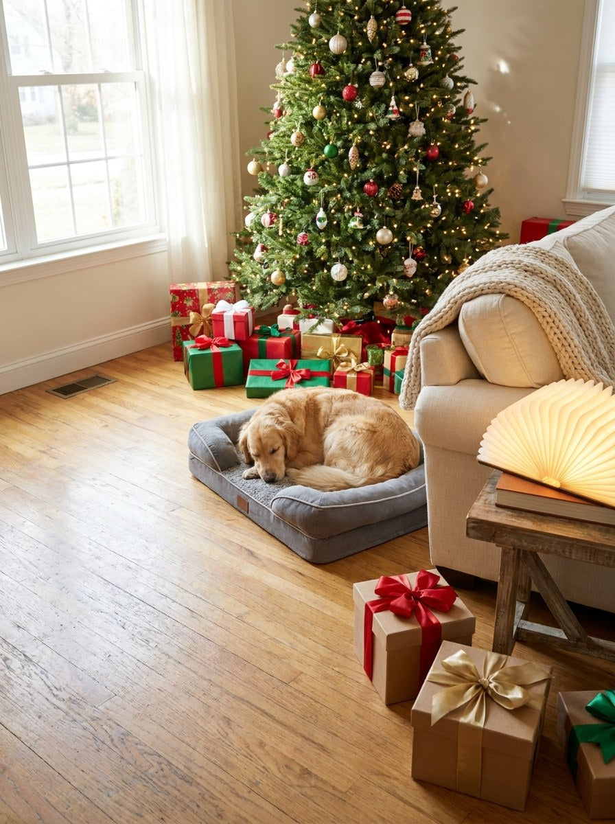 Golden retriever asleep on a gray couch dog bed by a Christmas tree, with a glowing book lamp and wrapped gifts