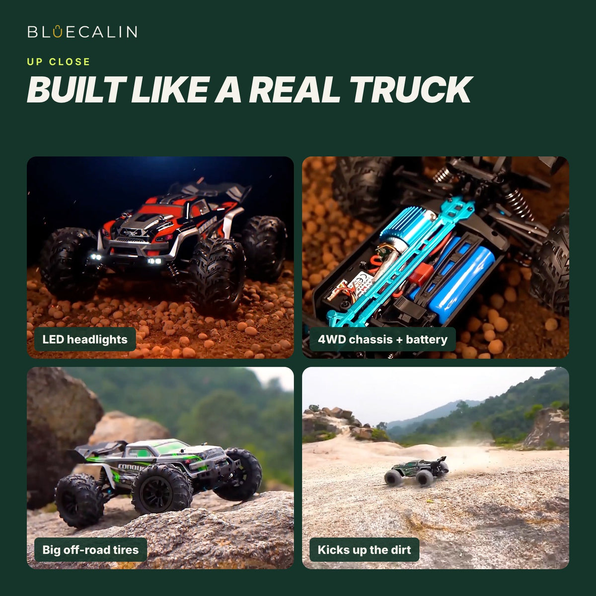 RC car close-ups: LED headlights, 4WD chassis with battery, off-road tires