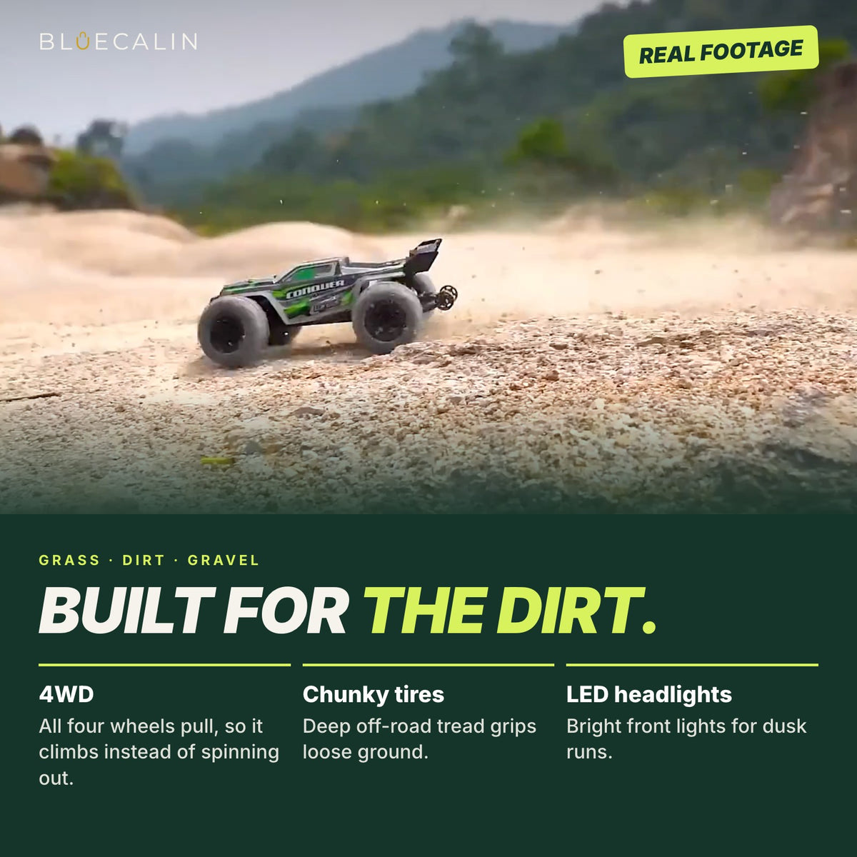 4x4 RC truck driving off-road through dust