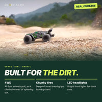 4x4 RC truck driving off-road through dust