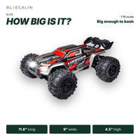 RC car size: 11.8 in long, 9 in wide, 4.5 in high