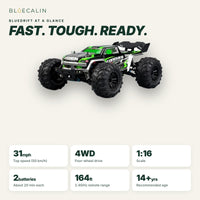 RC car specs: 31 mph, 4WD, 1:16 scale, 2 batteries, 164 ft remote range, ages 14+