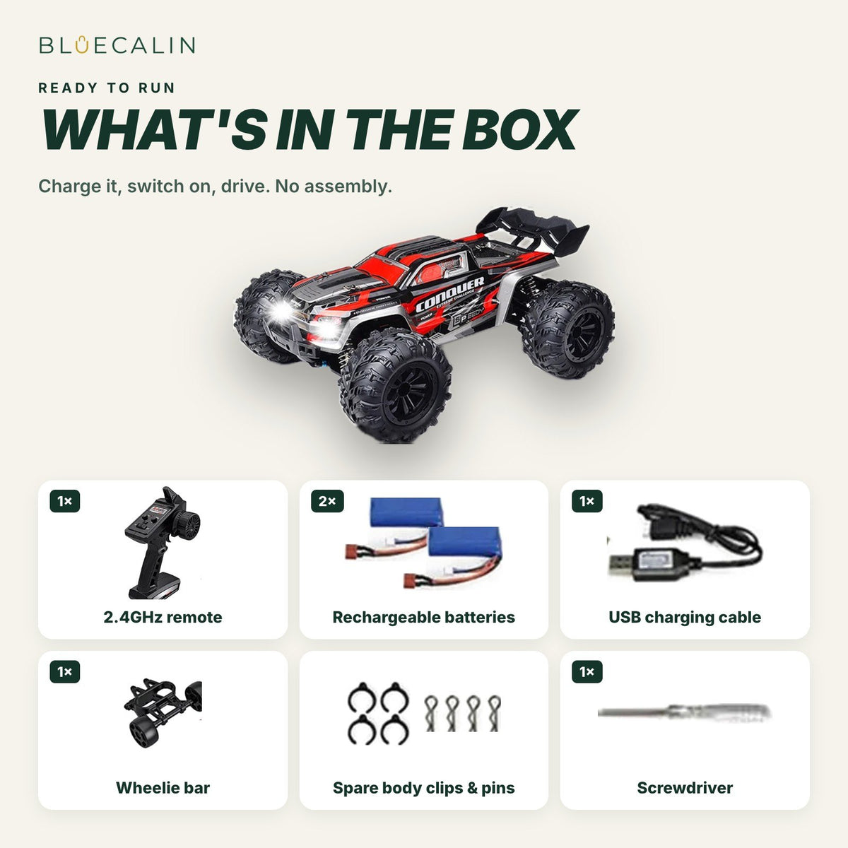 What's in the box: RC truck, 2.4GHz remote, 2 rechargeable batteries, USB charging cable, wheelie bar, spare clips and pins, screwdriver