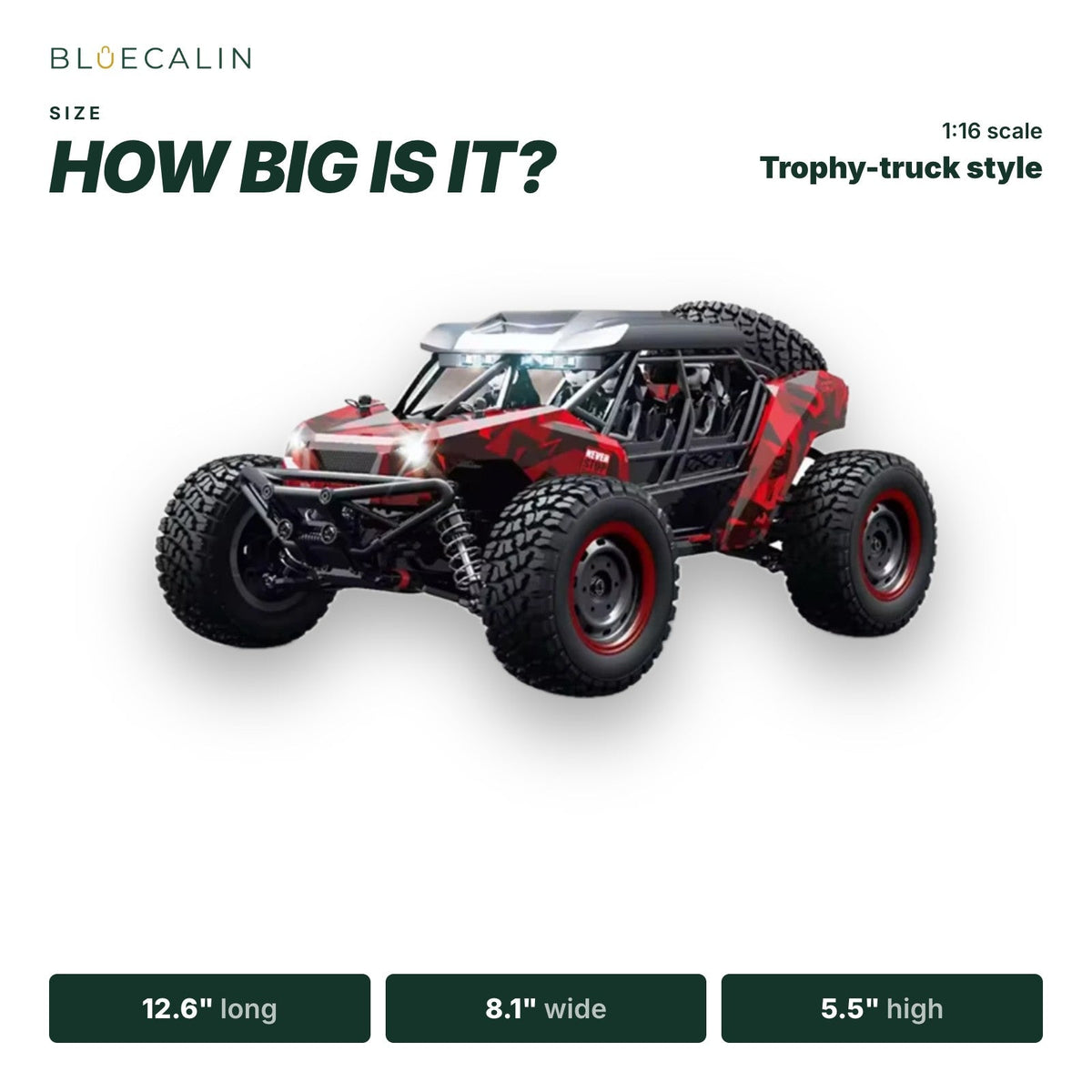 RC desert buggy size: 12.6 in long, 8.1 in wide, 5.5 in high