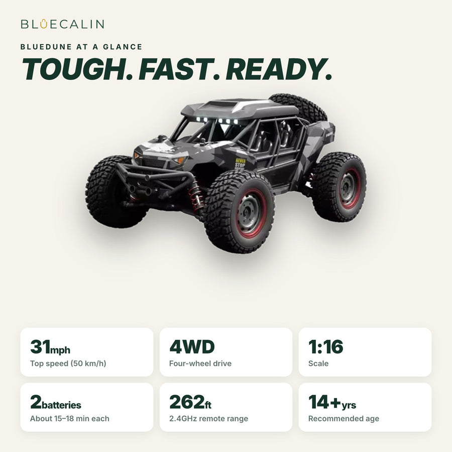 BlueDune specs: 31 mph, 4WD, 1:16, 2 batteries, 262 ft range, ages 14+