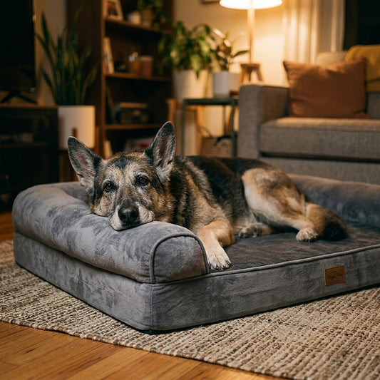 Senior German Shepherd resting its chin on the dog bed bolster