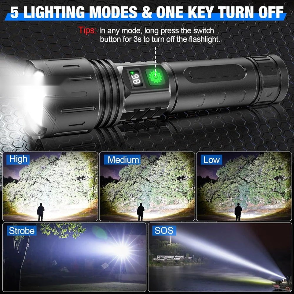 Tactical Flashlight – Rechargeable Super Bright LED with Zoom & Power Bank