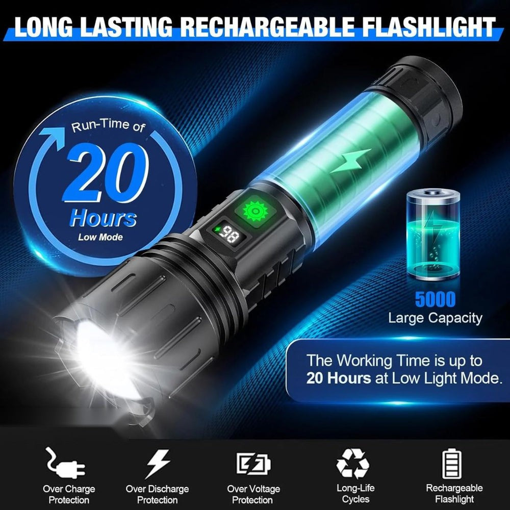 Tactical Flashlight – Rechargeable Super Bright LED with Zoom & Power Bank
