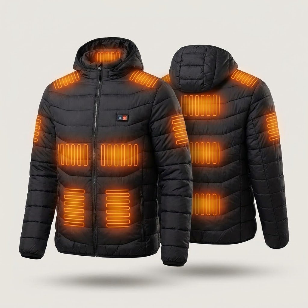 Black heated puffer jacket, front and back, with 29 heat zones glowing