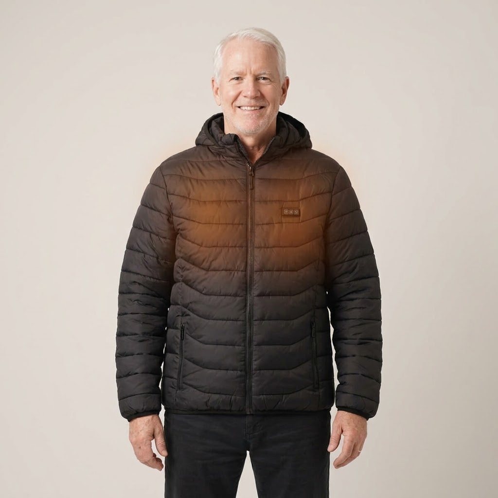 Man wearing the black heated puffer jacket, front view