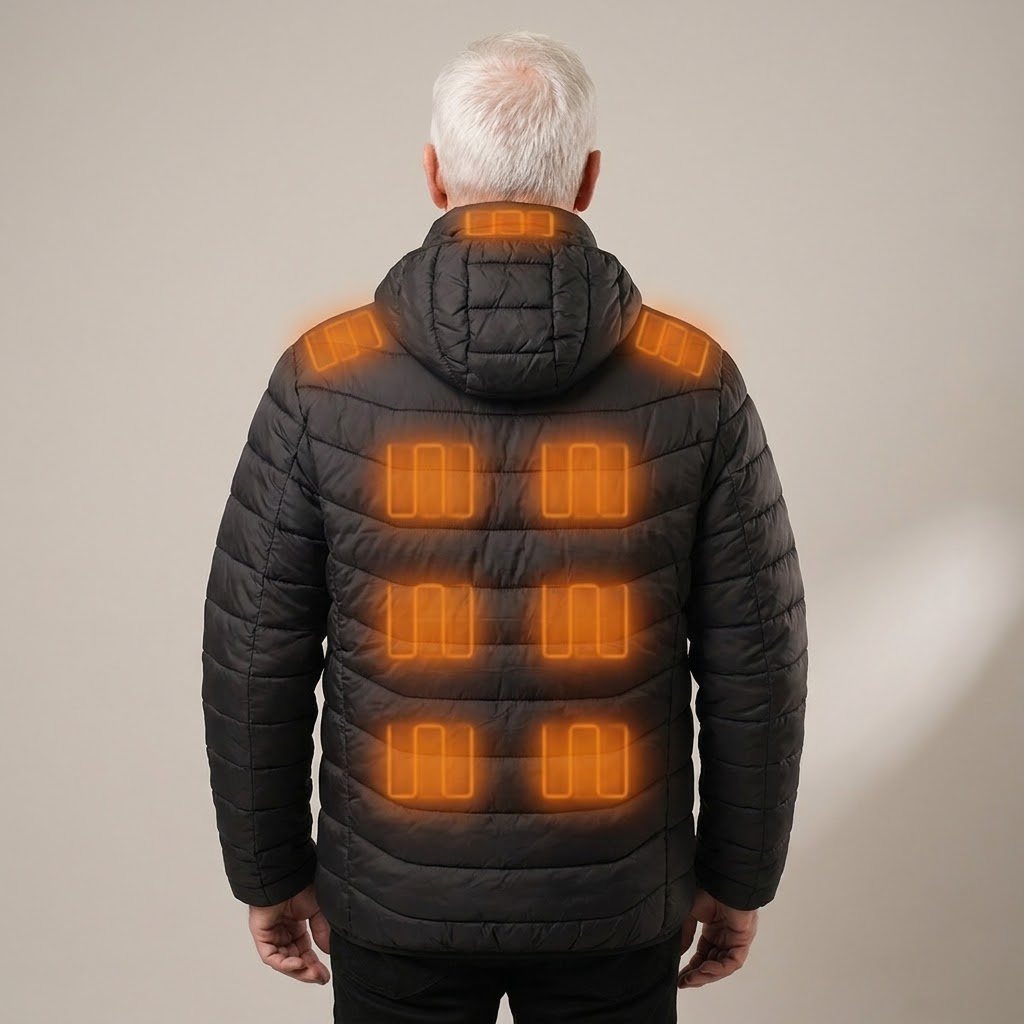 Back of the heated jacket with heat zones glowing across the back and shoulders