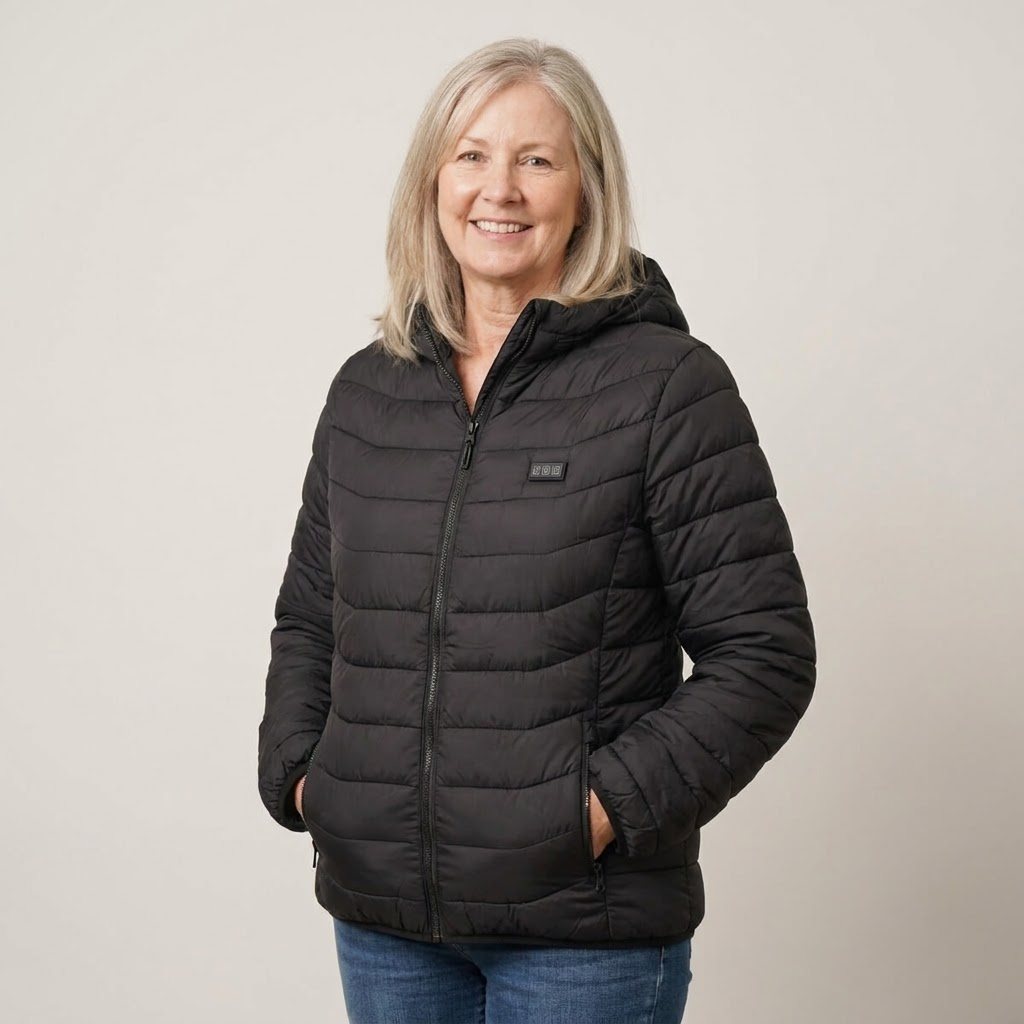 Woman wearing the black heated puffer jacket with hands in pockets